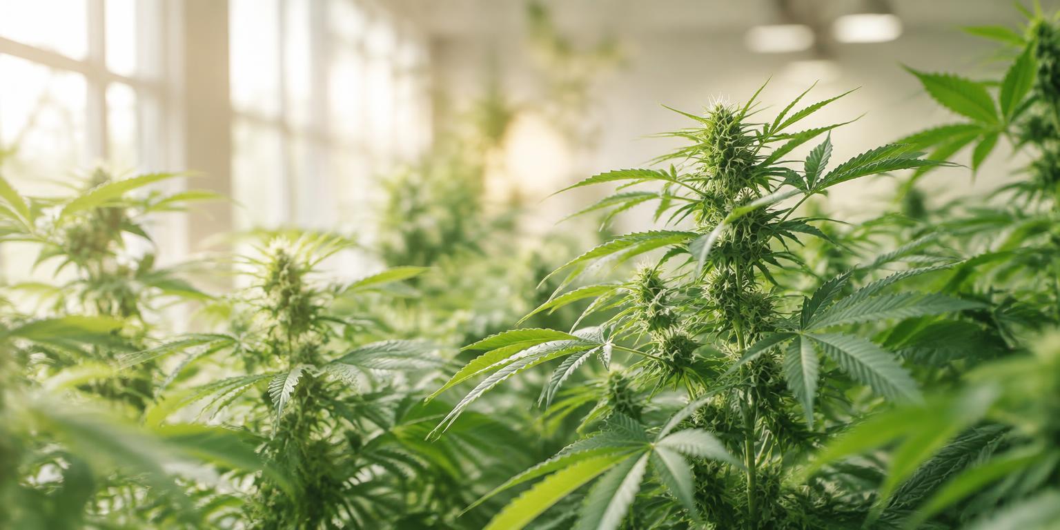 Hemp plants growing in a bright indoor aeroponic grow room